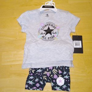 CONVERSE Girls 12 Months 2 Pc Set. Asymmetrical Top Shorts with Logo Flowers NEW